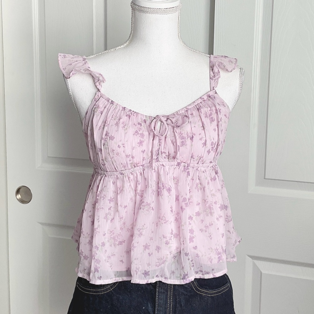 Floral Ruffle Tie-Front Cami Top - Light Lilac